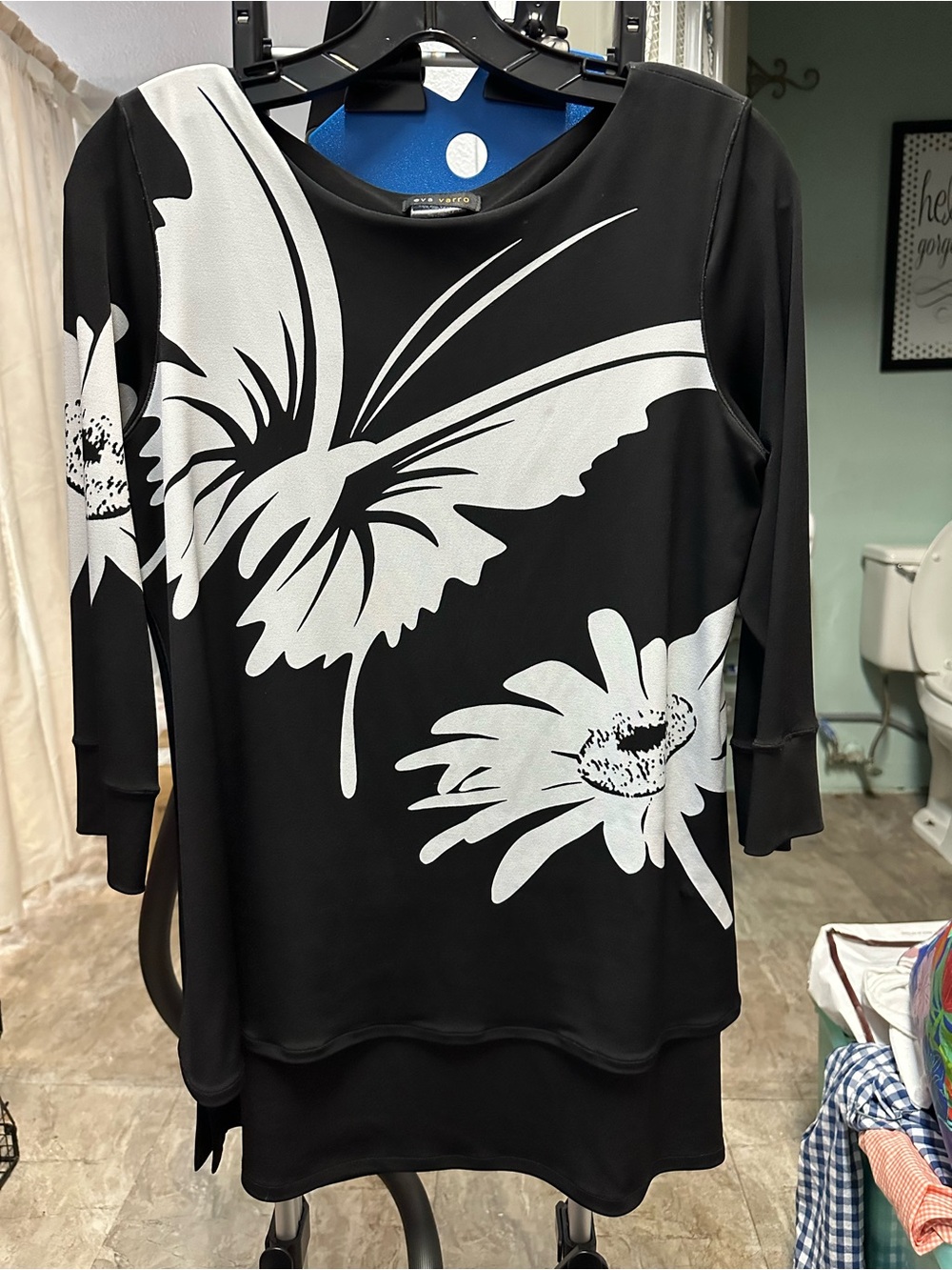 eva varro Black Top with White Butterfly & Floral Print